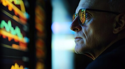 Poster - Analyzing Financial Data, Man Observes Market Trends