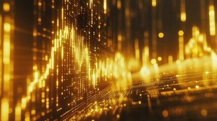 Poster - A close-up of a digital gold price chart with candlestick patterns and indicators, set against a sleek, modern background with a focus on the golden lines.