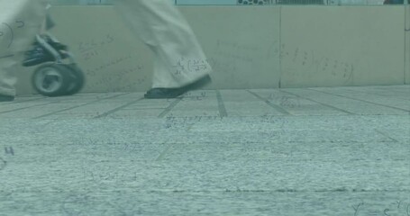 Poster - Animation of mathematical equations overlaying person walking on tiled school floor