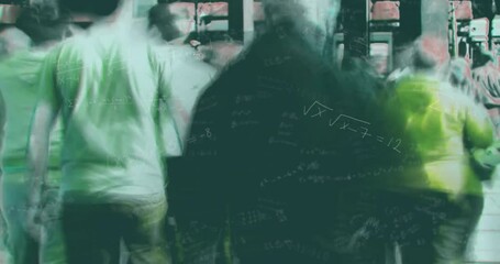 Poster - In school, animation of mathematical equations overlaying blurred people walking