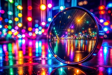 Canvas Print - night city lights reflected in round mirror with bokeh mirror texture