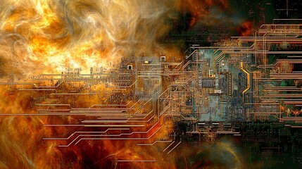 Poster - Abstract digital landscape depicting a blend of fiery colors and intricate circuitry patterns