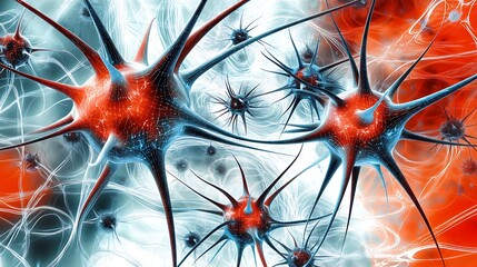 Poster - Abstract representation of interconnected neurons in vibrant red and blue colors, symbolizing neural activity