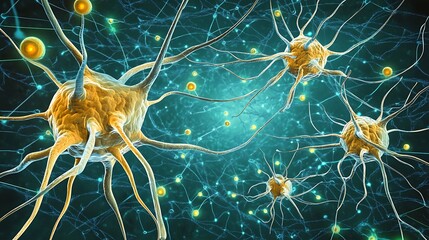Poster - Close-up view of neurons transmitting signals in a vibrant digital environment, showcasing synaptic connections