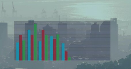 Poster - Bar graph animation over cityscape with cranes and waterfront in background
