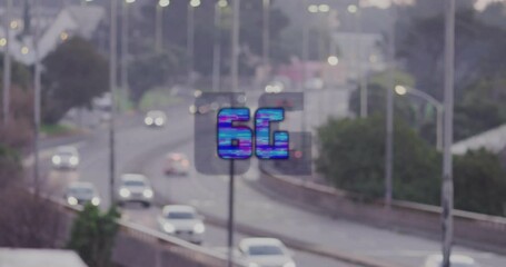 Poster - Blurred highway with digital 6G text animation over moving cars