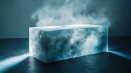 Poster - A large, illuminated ice block emitting fog in a dark, atmospheric room, creating a mystical ambiance