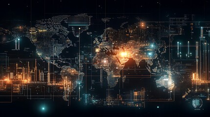 Aufkleber - Futuristic digital world map with glowing data overlays and city lights against a dark background
