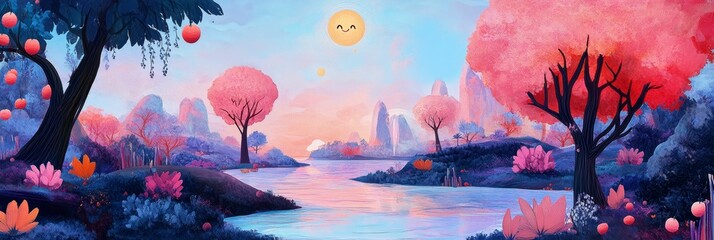 Wall Mural - dreamy landscape with trees water and sky featuring pink purple and blue hues.