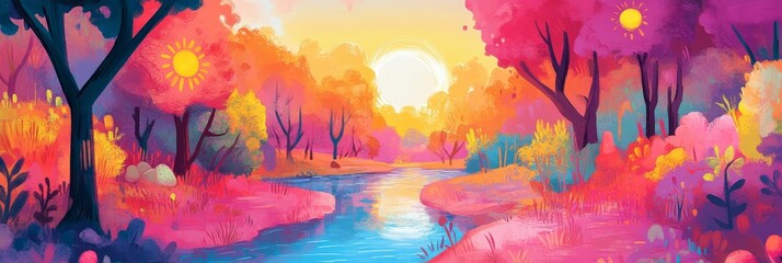 Wall Mural - colorful trees line a river bank with a bright sun in the distance.