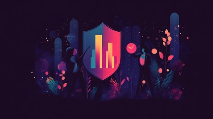 Poster - Abstract illustration of data protection with figures analyzing statistics behind a shield in a vibrant environment