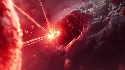 Poster - Abstract depiction of cellular activity with energy beams interacting in a vibrant microscopic environment