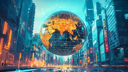 Aufkleber - Futuristic cityscape with a glowing globe displaying continents, vibrant neon lights illuminating streets