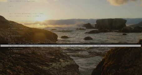 Poster - Computer code overlaying scene with ocean waves crashing against rocks in animation