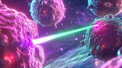 Poster - Colorful microscopic view of cells interacting with a laser beam in a vibrant, abstract environment
