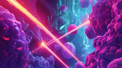 Poster - Vibrant abstract representation of microscopic cells illuminated by laser beams in a digital environment
