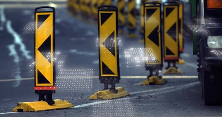 Poster - Traffic barriers with digital data animation overlay on urban road