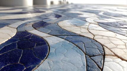 Poster - Intricate Mosaic Pattern of Blue and White Tiles Creating a Stunning Visual Pathway with Reflections in Bright Natural Light