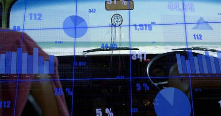 Poster - Data visualization animation over car dashboard with ocean view in background
