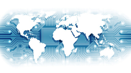 Poster - Abstract blue background with world map and circuit board. Vector illustration.