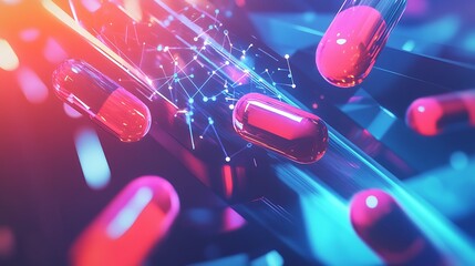 Aufkleber - Vibrant close-up of colorful capsules floating in a futuristic digital environment with glowing elements