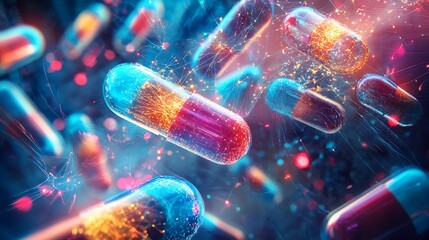 Poster - Colorful capsules floating in a vibrant, abstract background, symbolizing health and innovation