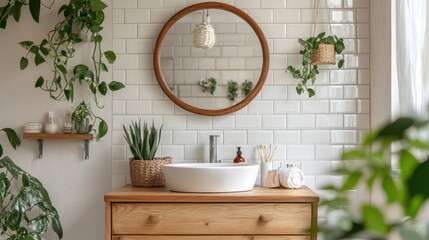 Aufkleber - Serene Bathroom Interior with Natural Wood Vanity, White Tiles, and Lush Greenery