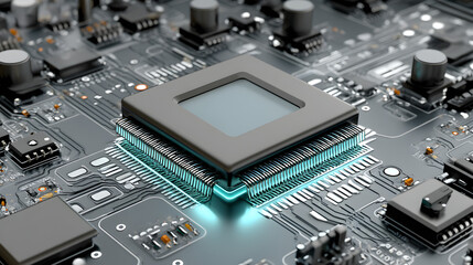 Poster - high-detail microprocessor on a complex circuit board with illuminated elements and advanced electro