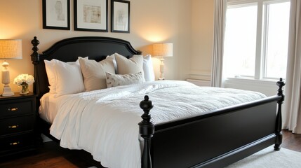 Poster - Elegant Bedroom with Black Bed Frame, White Bedding, Neutral Walls, and Soft Lighting, Promoting Comfort and Relaxation