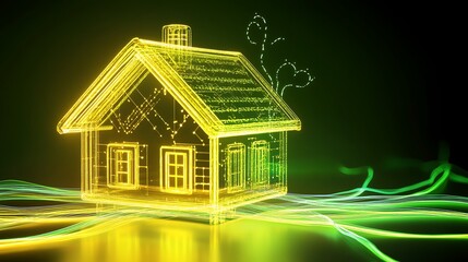 Poster - Glowing digital house illustration with colorful light trails representing energy flow