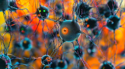Poster - Vibrant close-up of interconnected neurons showcasing synaptic connections and activity in a colorful abstract background