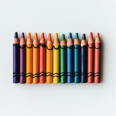 Poster - Vibrant spectrum of colorful crayons neatly arranged on a white surface, creating a bright and appealing composition