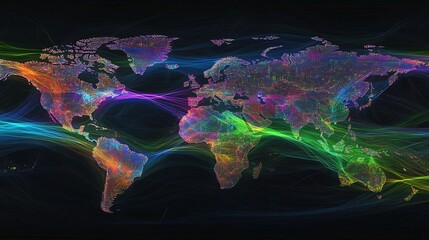 Aufkleber - Colorful abstract world map with flowing lines representing connectivity and global networks