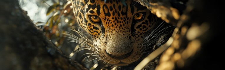 Poster - Intense Jaguar Gaze - Striking Close-up of a Wild Feline's Face in Lush Foliage, Revealing Golden Eyes and Intricate Spot Patterns
