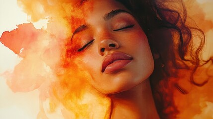 Poster - Portrait of a serene woman with closed eyes bathed in a warm sunset-inspired watercolor wash, creating a dreamlike atmosphere