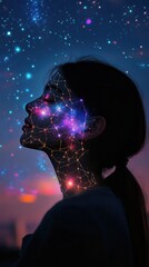 Poster - Celestial Dreamer: A Portrait of a Woman with Constellations Embedded Within, Glowing Against a Starry Night Sky