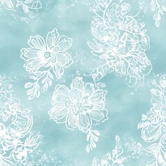 Poster - Serene Watercolor Doodle Cartoon Drawings Pattern: Floral White Outlines on Pastel Blue Backdrop