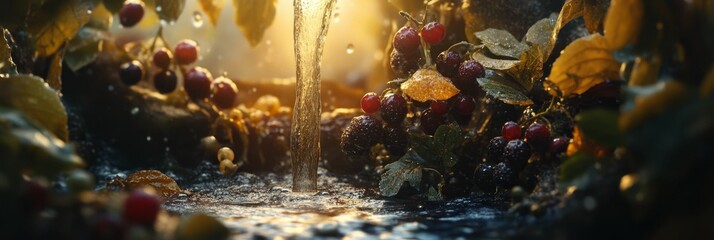 Wall Mural - forest floor with water stream sunlight shining through leaves and berries.