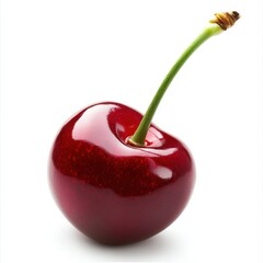 Aufkleber - Close-up of a Glossy Red Cherry with a Green Stem, Isolated on White Background - Fresh and Juicy Fruit Detail