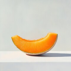 Poster - Ripe cantaloupe slice on white surface showcases its vibrant orange flesh and textured rind in a simple composition.