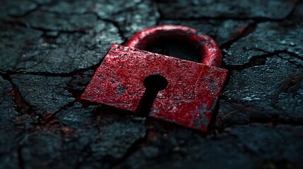 Poster - 3D rendered image of a system hacked, red padlock shattered, security breach alert, cybersecurity vulnerability, internet attack visual, sharp details, dark tones