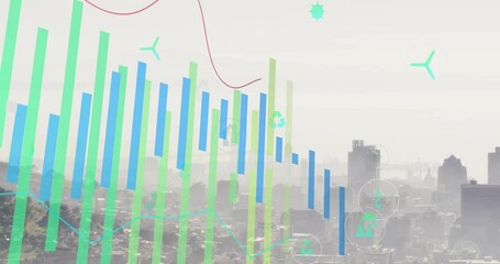  - Animating colorful bar and line graphs over cityscape background in dynamic display