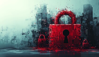 Fototapete - Generative AI illustration of hacker attack, system breached, red broken padlock, alert warning, cybersecurity crisis, detailed futuristic visuals