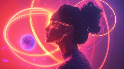 Poster - Abstract Portrait of Woman in Futuristic Glowing Environment with Orb and Orbiting Rings