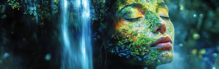 Poster - Enchanting surrealist image of a serene woman's face merging with a vibrant forest, with a waterfall cascading in the background