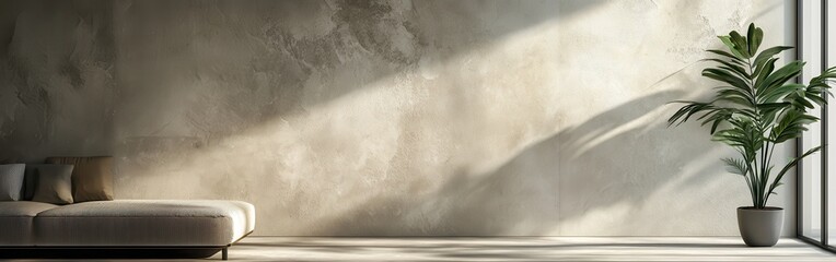Leinwandbilder - Modern minimalist interior with textured concrete wall, a sofa and tropical plant bathed in soft sunlight