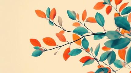 Poster - Vivid branches featuring turquoise and orange leaves, set against a light beige backdrop, creating a striking visual contrast