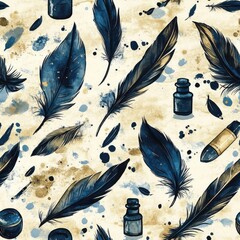 Poster - Elegant Dark Blue Feather and Ink Bottle Watercolor Pattern for Sophisticated Design Projects