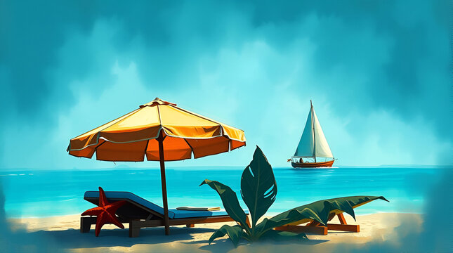 Start of Summer, June 21, Summer Begins, summer arrives Friday, summer solstice, World Tour Day, Beach Landscape, Beach Elements on Sand of Beach, Generative Ai