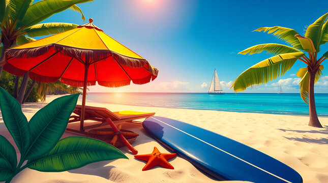 Start of Summer, June 21, Summer Begins, summer arrives Friday, summer solstice, World Tour Day, Beach Landscape, Beach Elements on Sand of Beach, Generative Ai